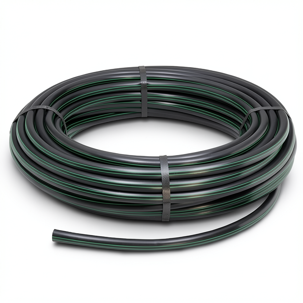 لفة أنابيب HDPE ضغط 6 بار PE 63، قطر خارجي 40 مم SDR 17.6 أسود مع خط أخضر