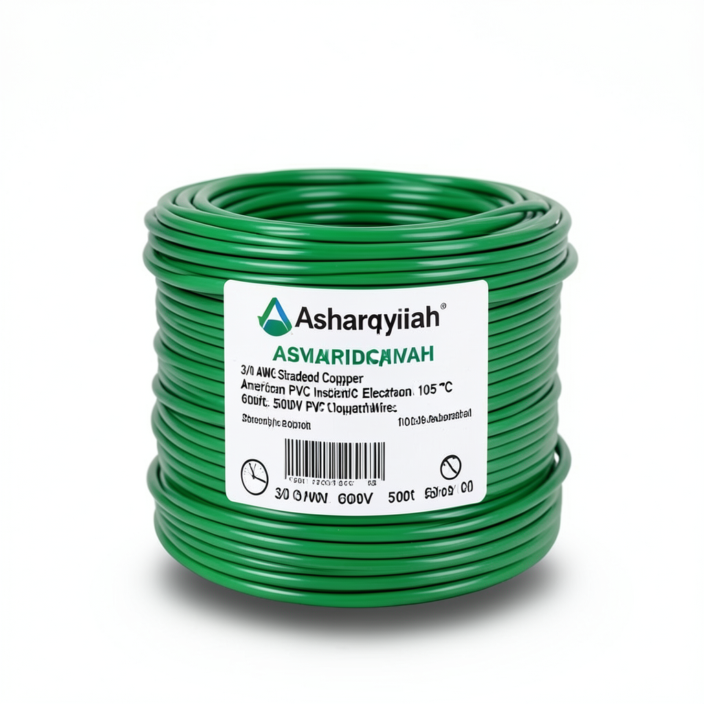 سلك امريكي 3/0 AWG نحاس مجدول عزل PVC 105°C أخضر، 600 فولت، طول 500 قدم | شركة كابلات الشرقية للصناعة
