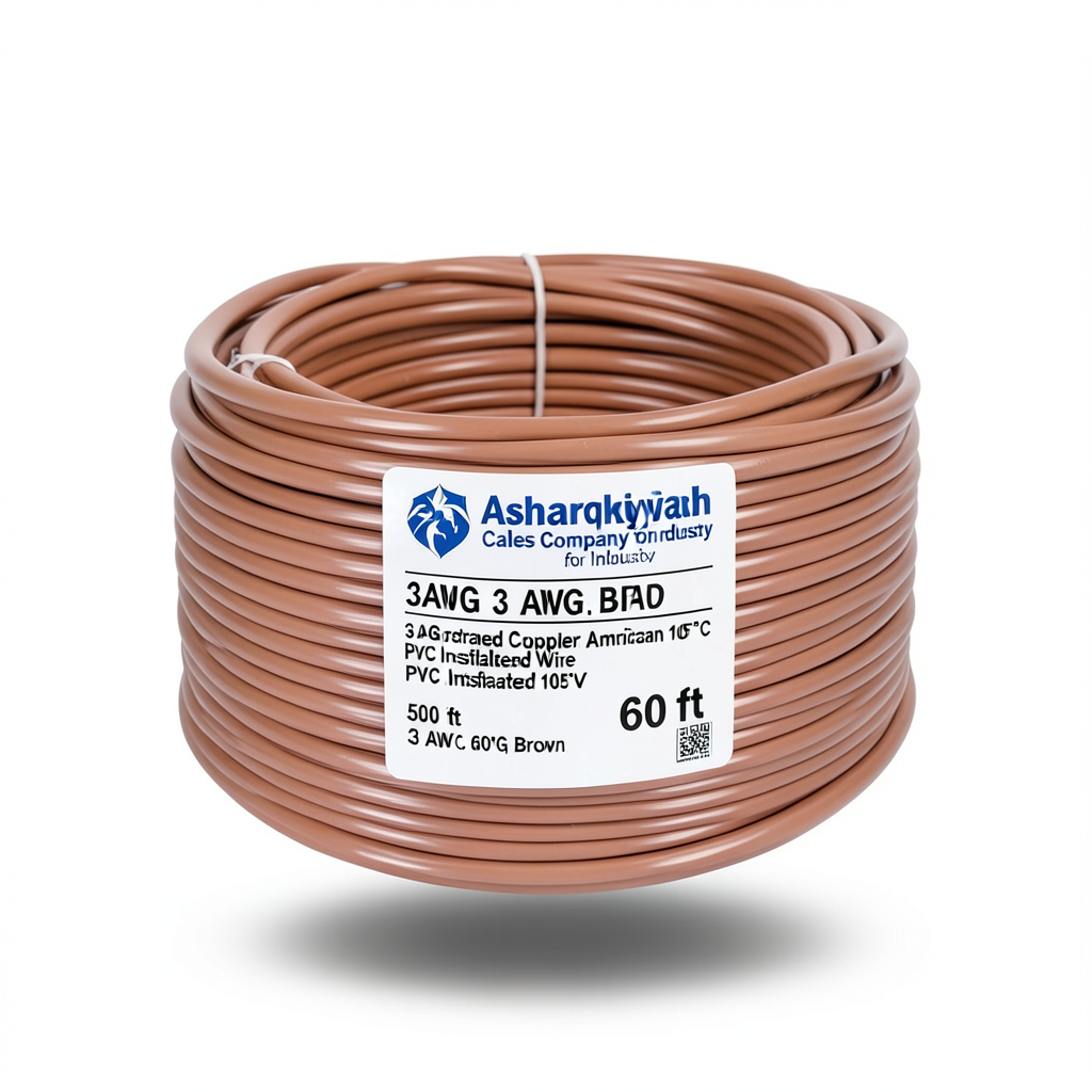 سلك امريكي 3 AWG نحاس مجدول عزل PVC 105°C بني، 600 فولت، طول 500 قدم | شركة كابلات الشرقية للصناعة