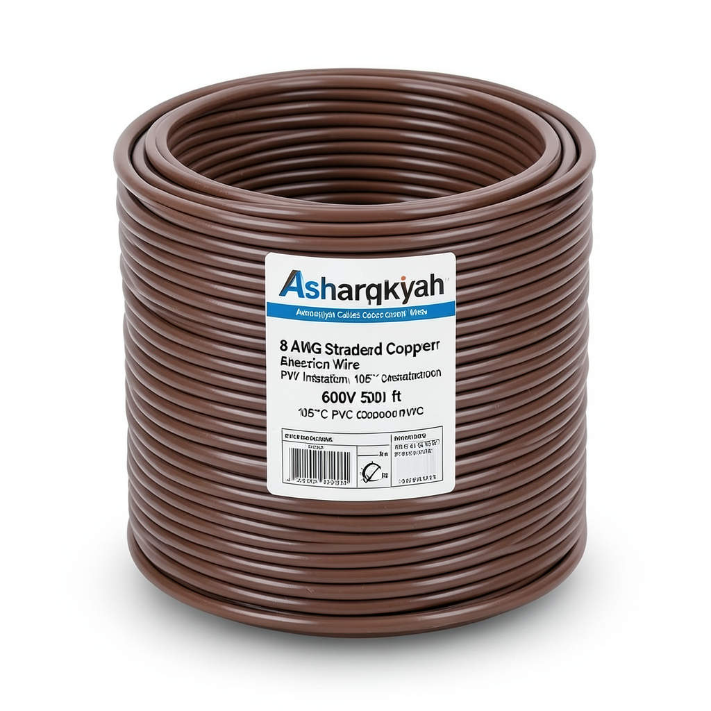 8 AWG Stranded Copper American Electric Wire, PVC Insulation 105°C, Brown, 600V, 500 ft | Asharqiyah Cables Company for Industry