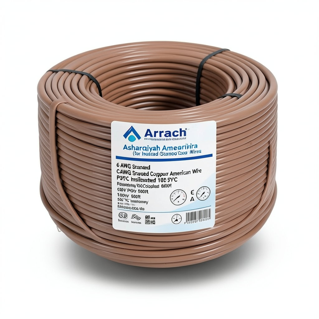 سلك امريكي 6 AWG نحاس مجدول معزول PVC 105°C بني 600 فولت طول 500 قدم | شركة كابلات الشرقية للصناعة