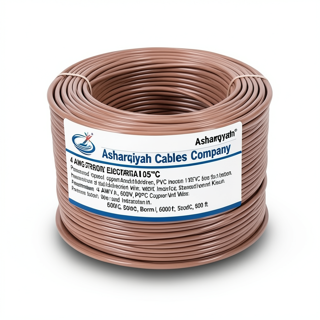 سلك كهرباء امريكي 4 AWG نحاس مجدول عزل PVC 105°C بني، 600 فولت، 500 قدم | شركة كابلات الشرقية للصناعة