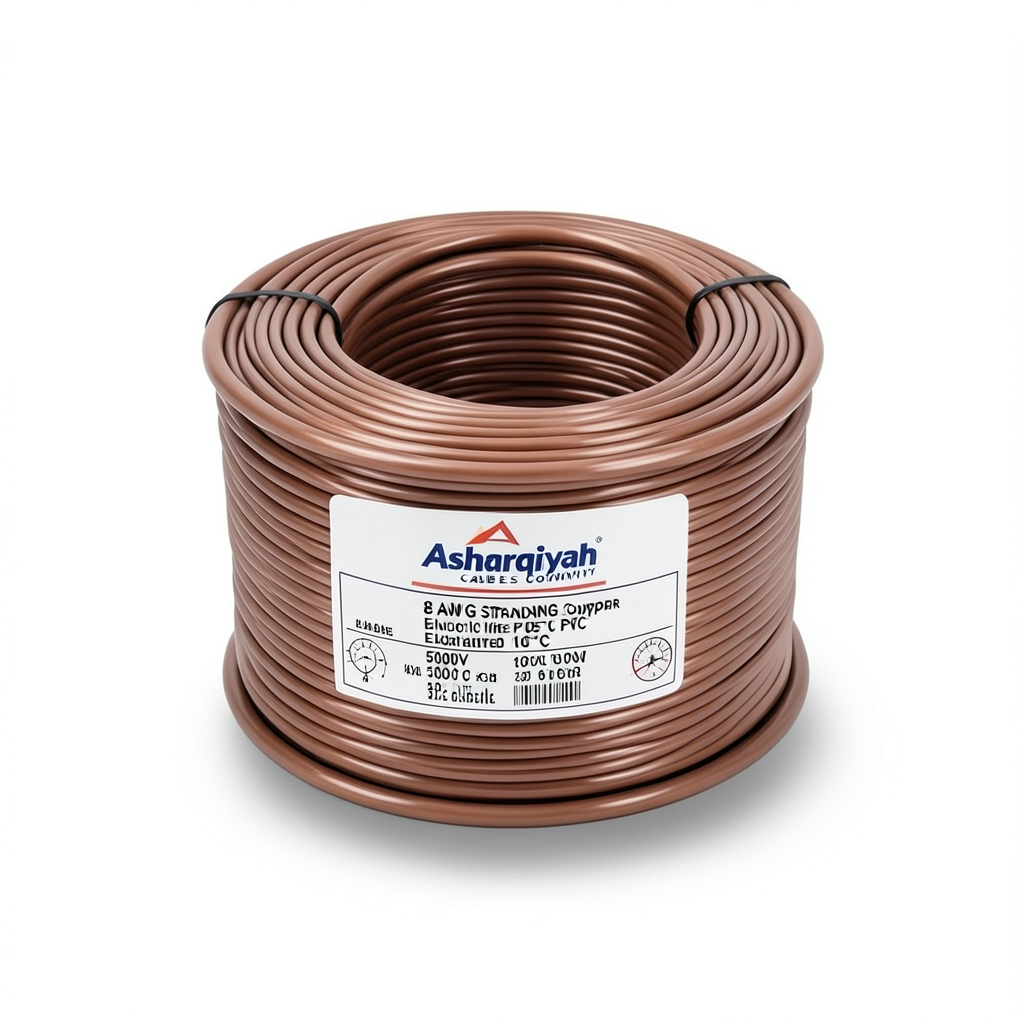 سلك كهرباء نحاس مجدول 8 AWG مطلي بالقصدير، معزول PVC 105°C، بني، 600 فولت، 500 قدم | شركة كابلات الشرقية للصناعة