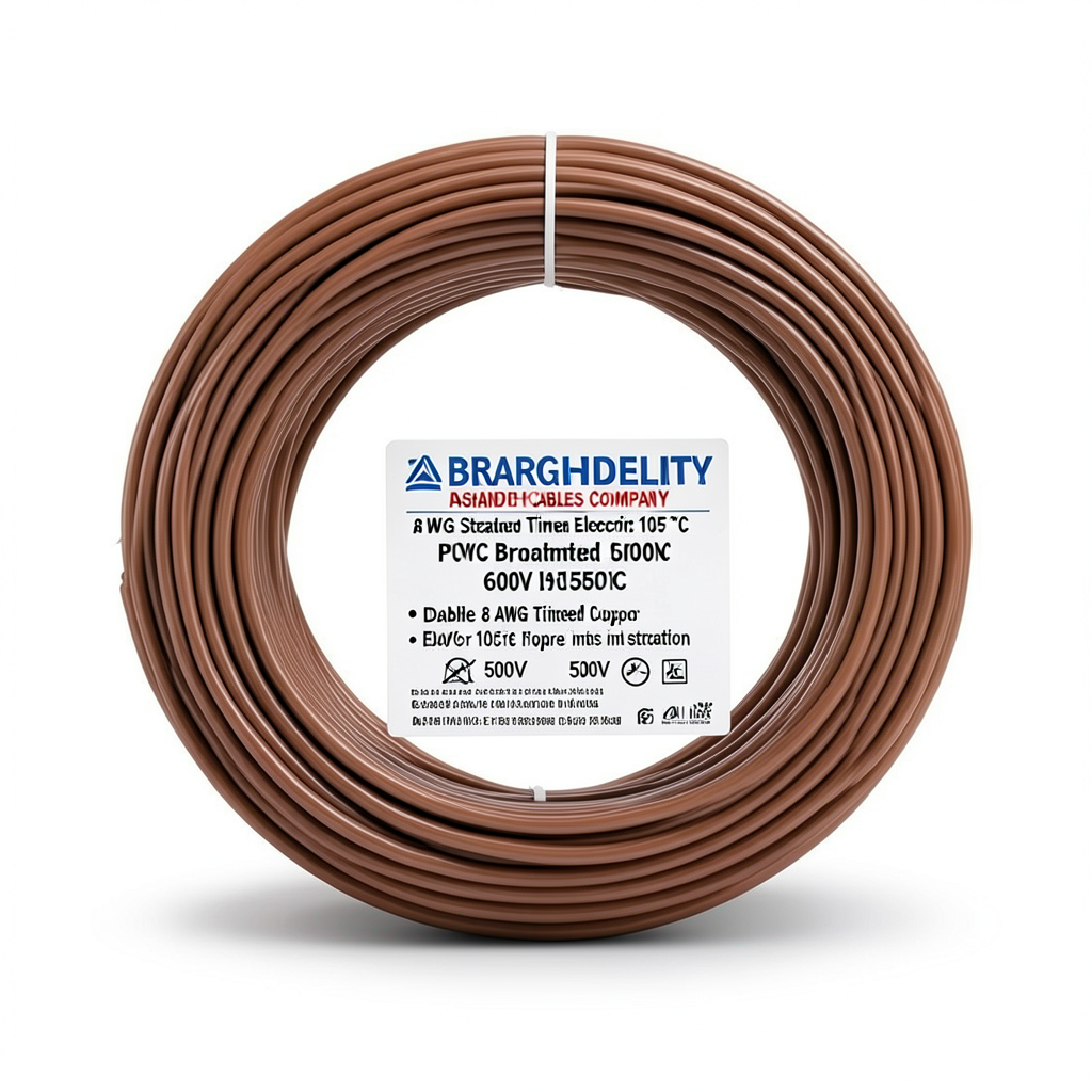 سلك كهرباء نحاس مجدول 8 AWG مطلي بالقصدير، معزول PVC 105°C، بني، 600 فولت، 500 قدم | شركة كابلات الشرقية للصناعة