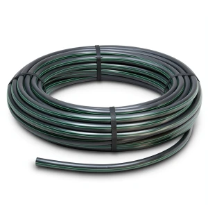 لفة أنابيب HDPE ضغط 6 بار PE 63 قطر خارجي 160 مم SDR 17.6 أسود مع خطوط خضراء