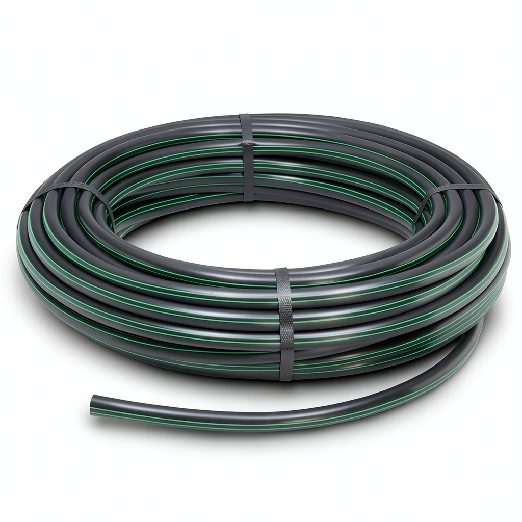 HDPE Plastic Coil Pipe PN 6 Bar PE 63 OD 140 mm SDR 17.6 Black with Green Stripes