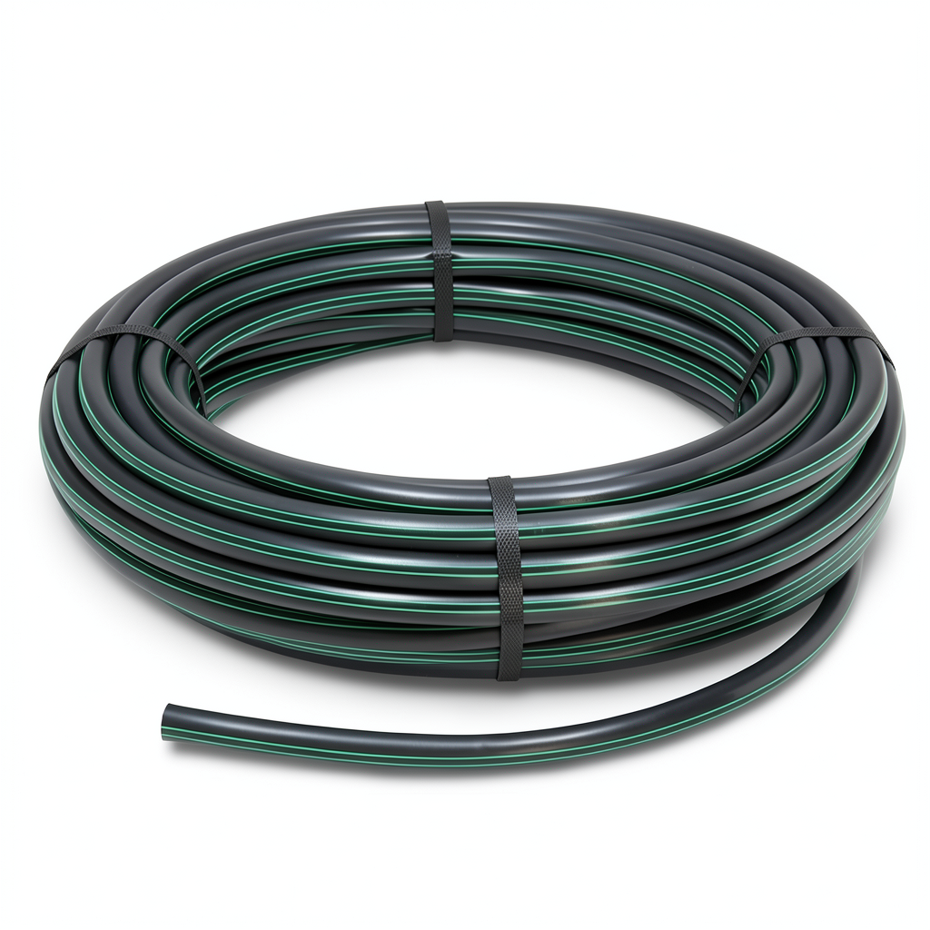لفة أنابيب HDPE ضغط 6 بار PE 63 قطر خارجي 160 مم SDR 17.6 أسود مع خطوط خضراء