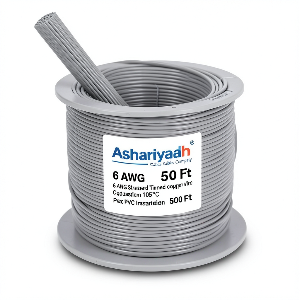 لفة سلك نحاس مجدول 6 AWG مطلي بالقصدير، عزل PVC 105°C، رمادى، 600 فولت، 500 قدم | شركة كابلات الشرقية للصناعة