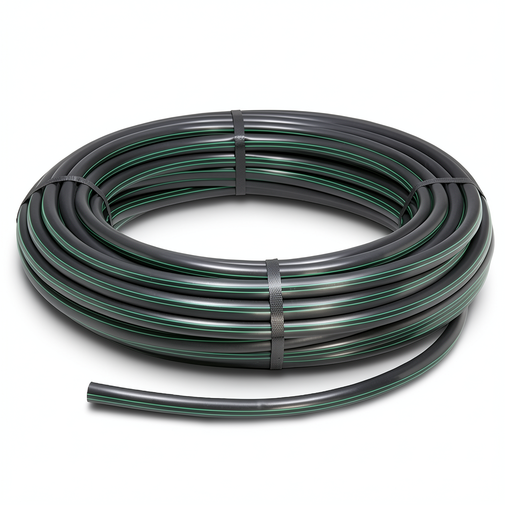 لفة أنابيب HDPE ضغط 10 بار PE 63 قطر خارجي 40 مم SDR 11 أسود مع خطوط خضراء