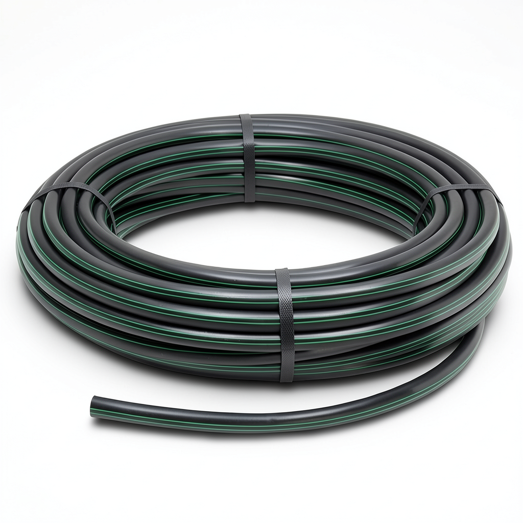 لفة أنابيب بلاستيك HDPE ضغط 10 بار PE 63 قطر خارجي 63 مم SDR 11 أسود مع خطوط خضراء