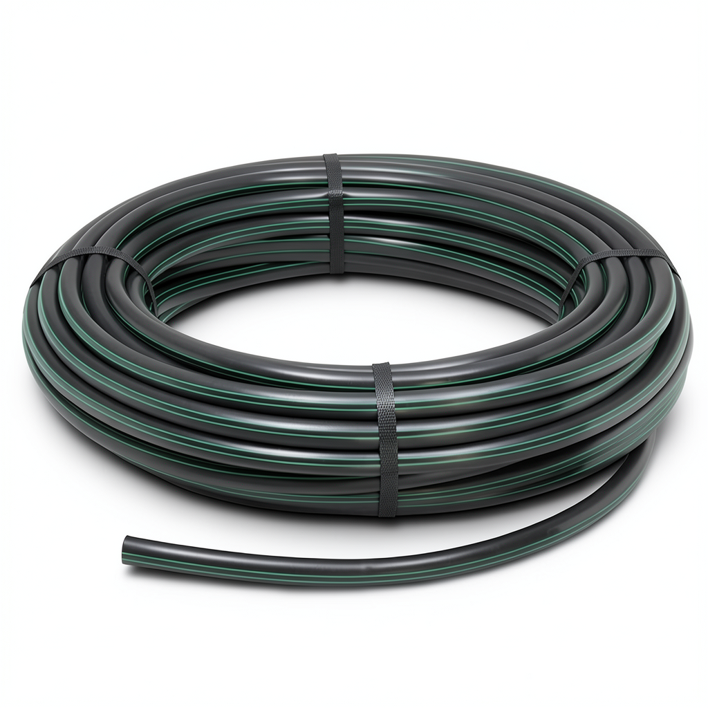 HDPE Plastic Coil Pipe PN 10 Bar PE 63 OD 75 mm SDR 11 Black with Green Stripes