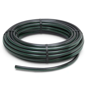 لفة أنابيب HDPE ضغط 10 بار [PE 63] قطر خارجي 90 مم SDR 11 أسود مع خط أخضر
