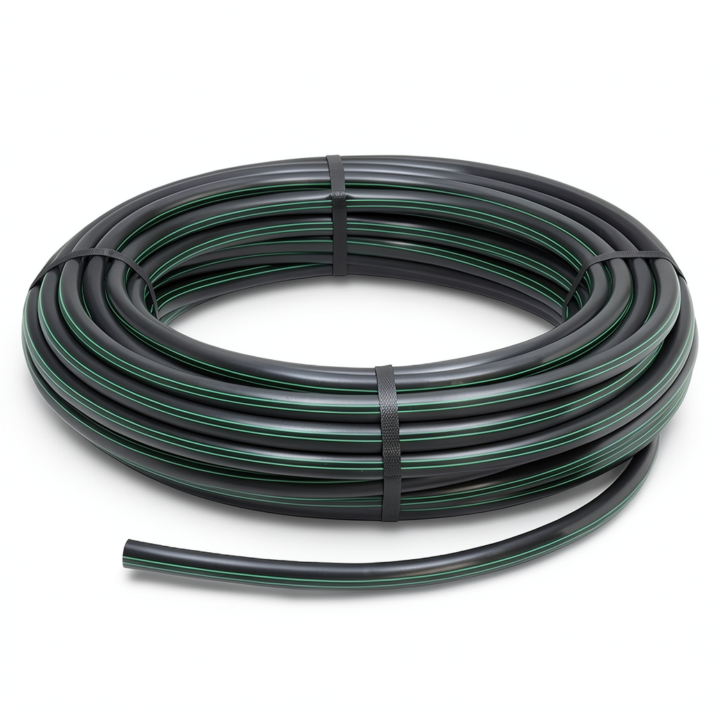 لفة أنابيب HDPE ضغط 10 بار [PE 63] قطر خارجي 90 مم SDR 11 أسود مع خط أخضر
