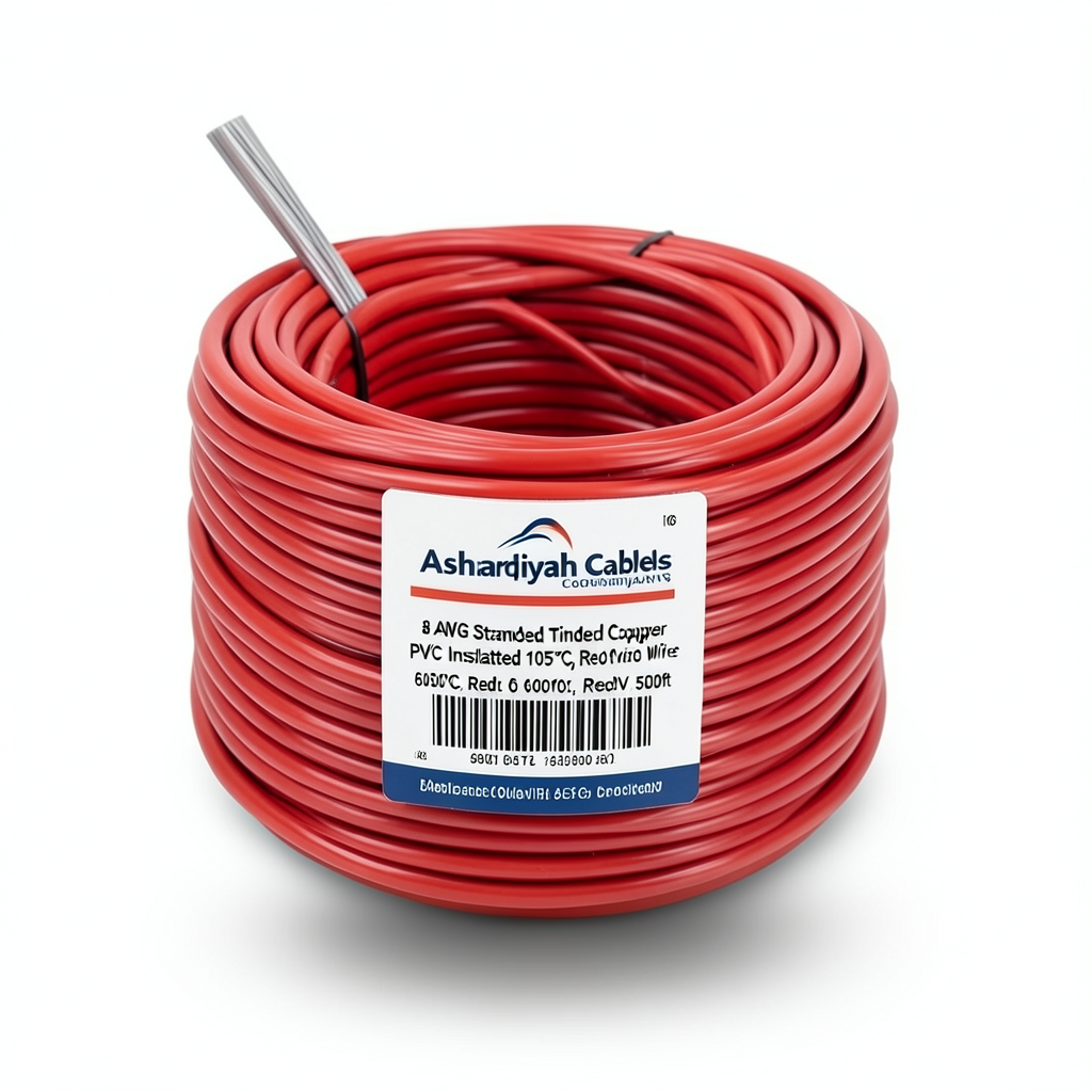 8 AWG Stranded Tinned Copper Electric Wire PVC Insulated 105°C, Red, 600V, 500ft | Asharqiyah Cables Company for Industry