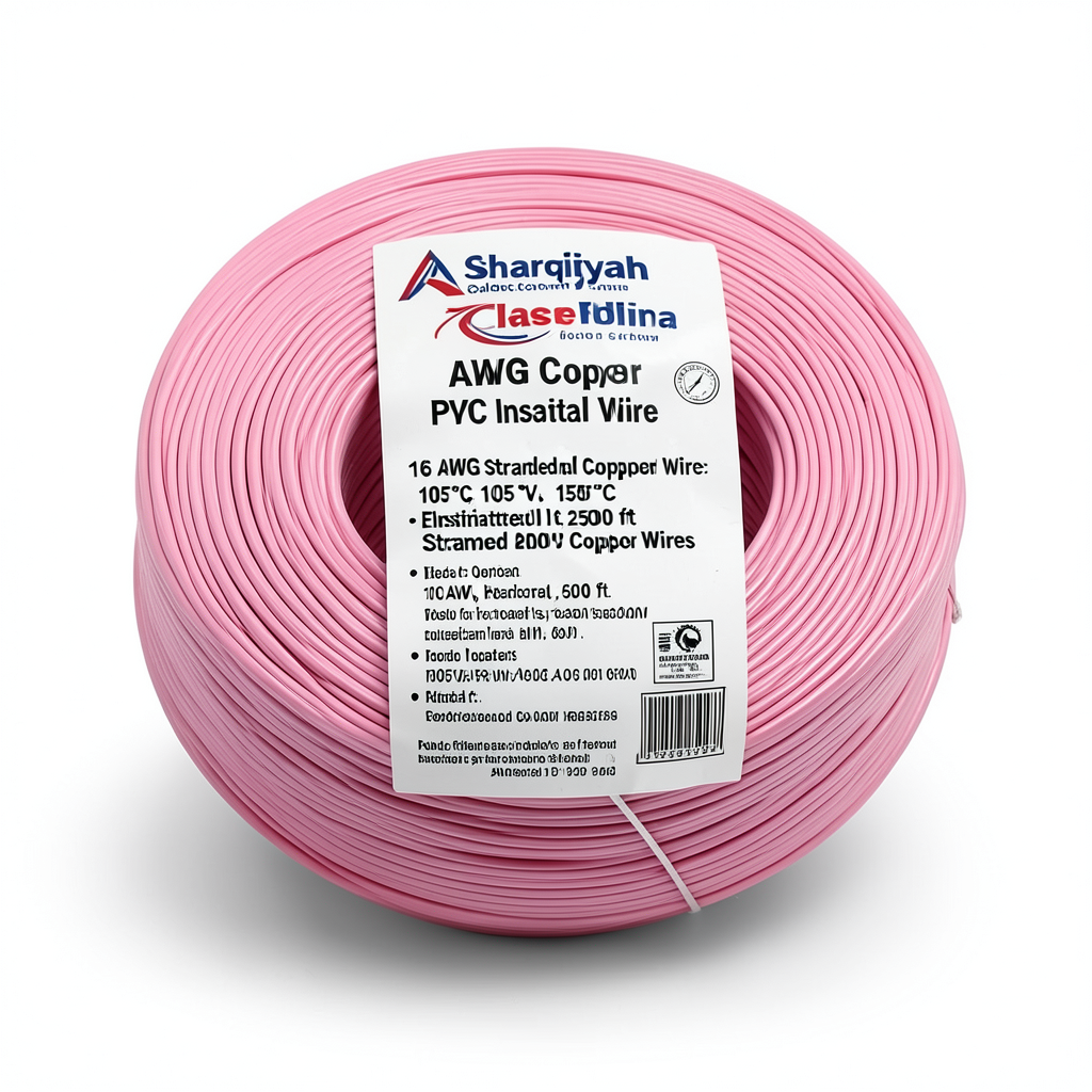 سلك كهرباء أمريكي 16 AWG نحاس مجدول معزول PVC 105°C، زهري، 600 فولت، 2500 قدم | شركة كابلات الشرقية للصناعة