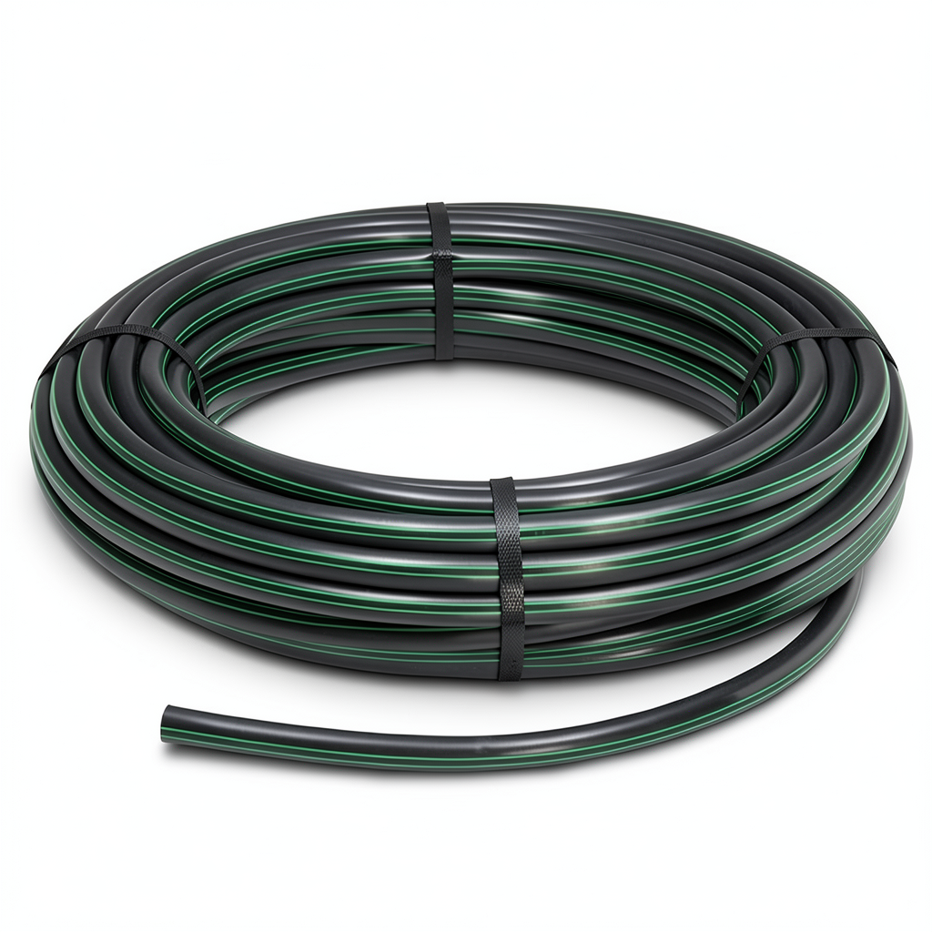 HDPE Plastic Coil Pipe PN 10 Bar PE 63 OD 75 mm SDR 11 Black with Green Stripes