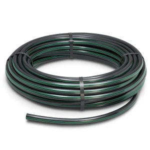 لفة أنابيب HDPE ضغط 10 بار [PE 63] قطر خارجي 90 مم SDR 11 أسود مع خط أخضر