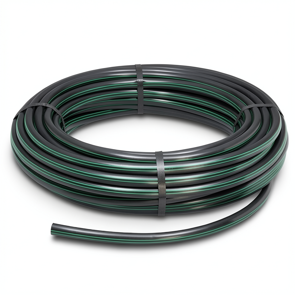 HDPE Plastic Coil Pipe PN 10 Bar PE 63, 90 mm Diameter, SDR 11 Black with Green Stripes