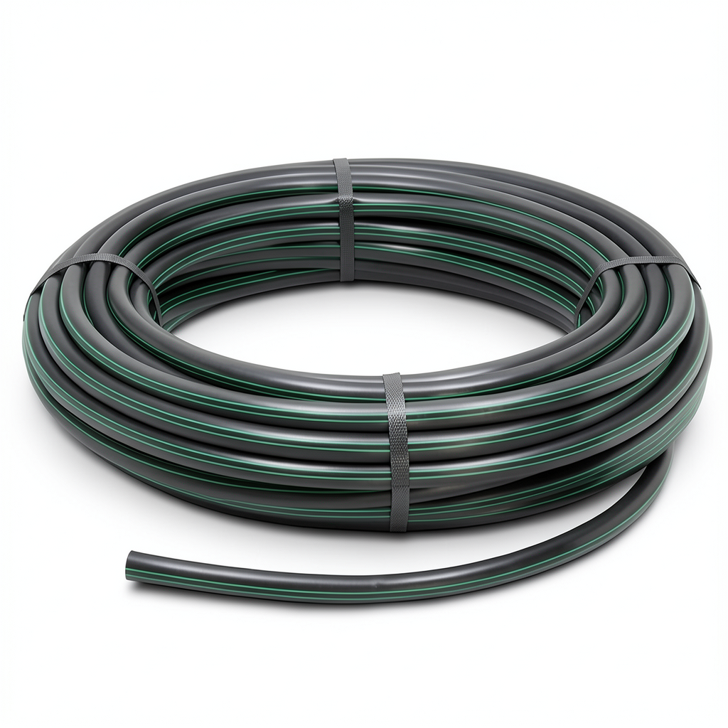لفة أنابيب بلاستيك HDPE ضغط 10 بار PE63 قطر خارجي 140 مم SDR 11 أسود مع خطوط خضراء