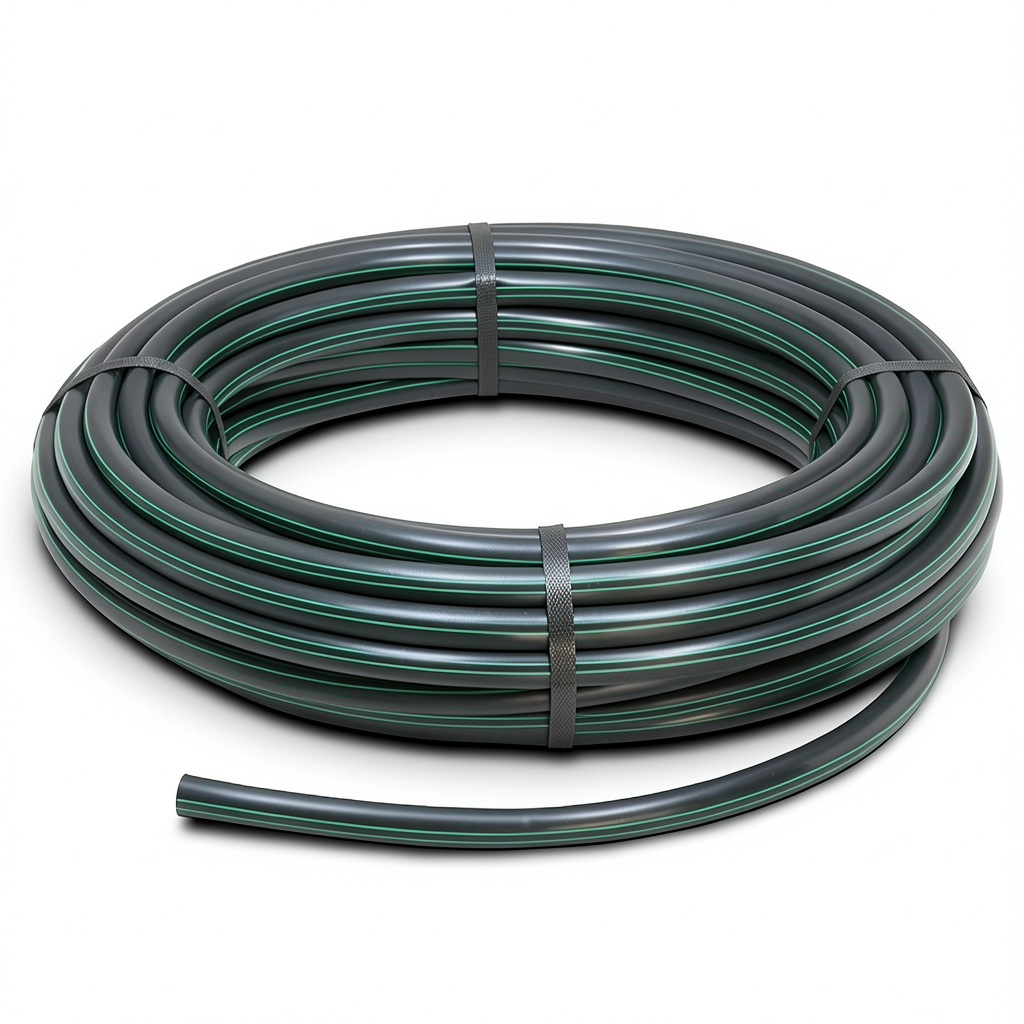 لفة أنابيب بلاستيك HDPE ضغط 10 بار PE 63 قطر خارجي 160 مم SDR 11 أسود مع خطوط خضراء