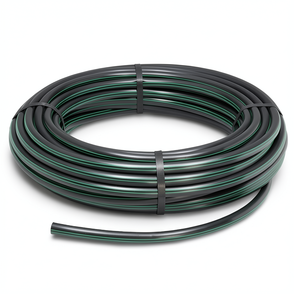 لفة أنابيب بلاستيك HDPE ضغط 15.9 بار PE63 قطر خارجي 90 مم SDR 7.4 أسود مع خطوط خضراء