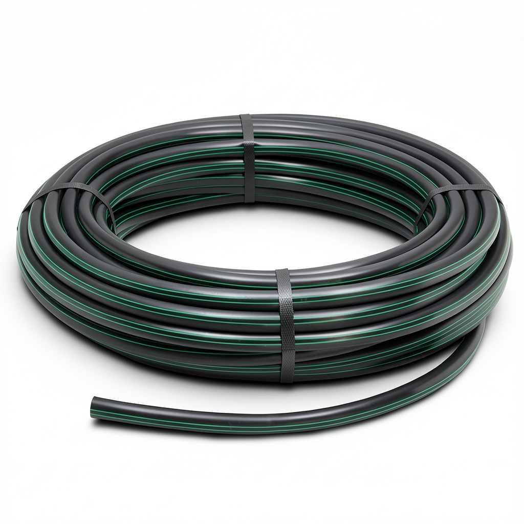 HDPE Plastic Coil Pipe PN 15.9 Bar PE 63 OD 110 mm SDR 7.4 Black with Green Stripes