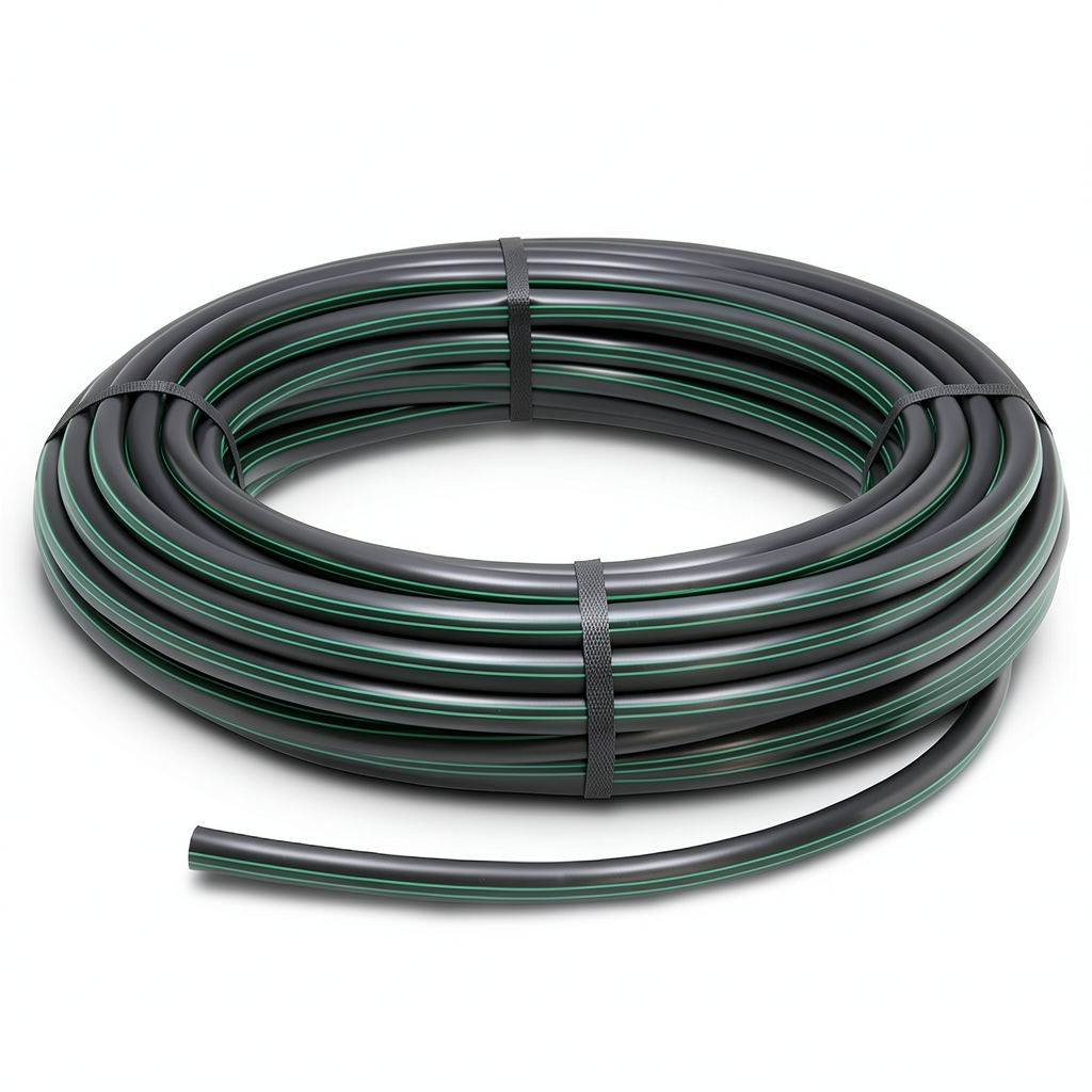 لفة أنابيب بلاستيك HDPE ضغط 10 بار PE63 قطر خارجي 140 مم SDR 11 أسود مع خطوط خضراء