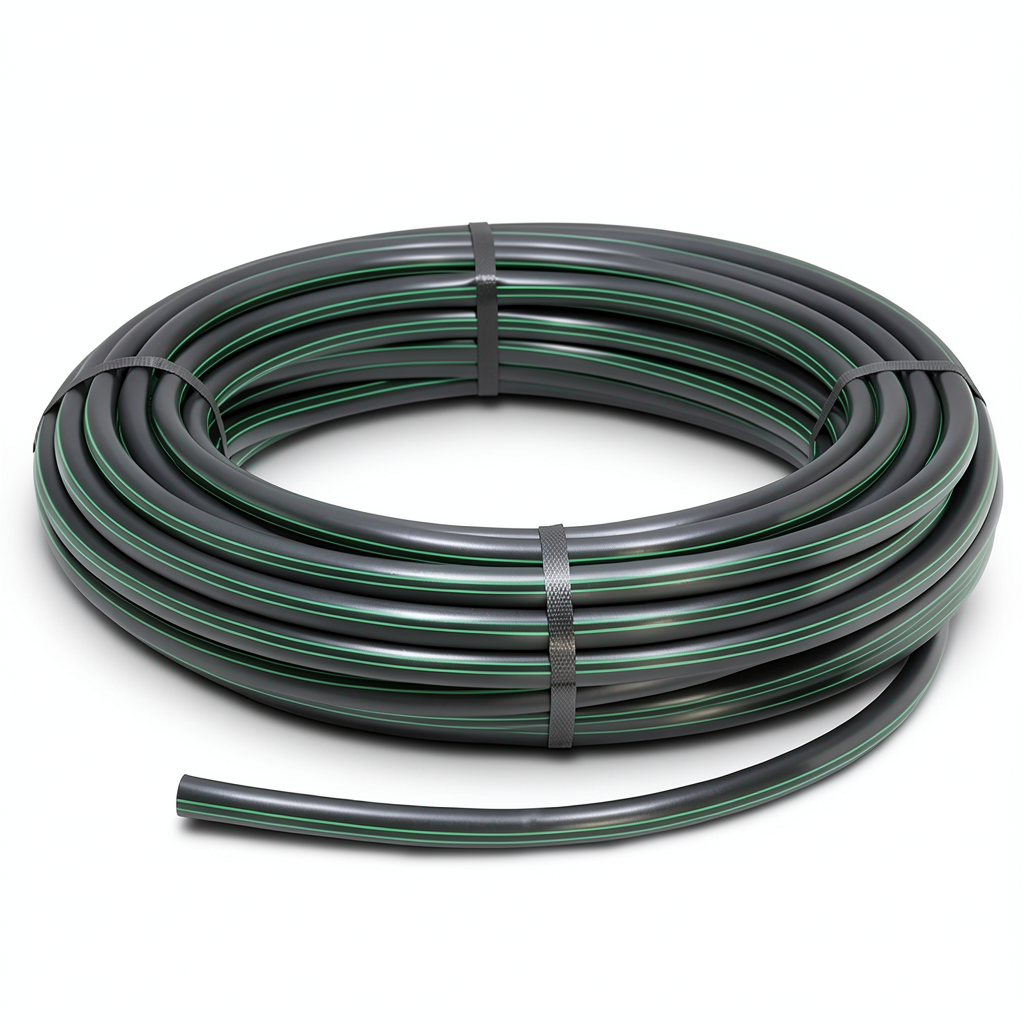 لفة أنابيب بلاستيك HDPE ضغط 10 بار PE 63 قطر خارجي 160 مم SDR 11 أسود مع خطوط خضراء