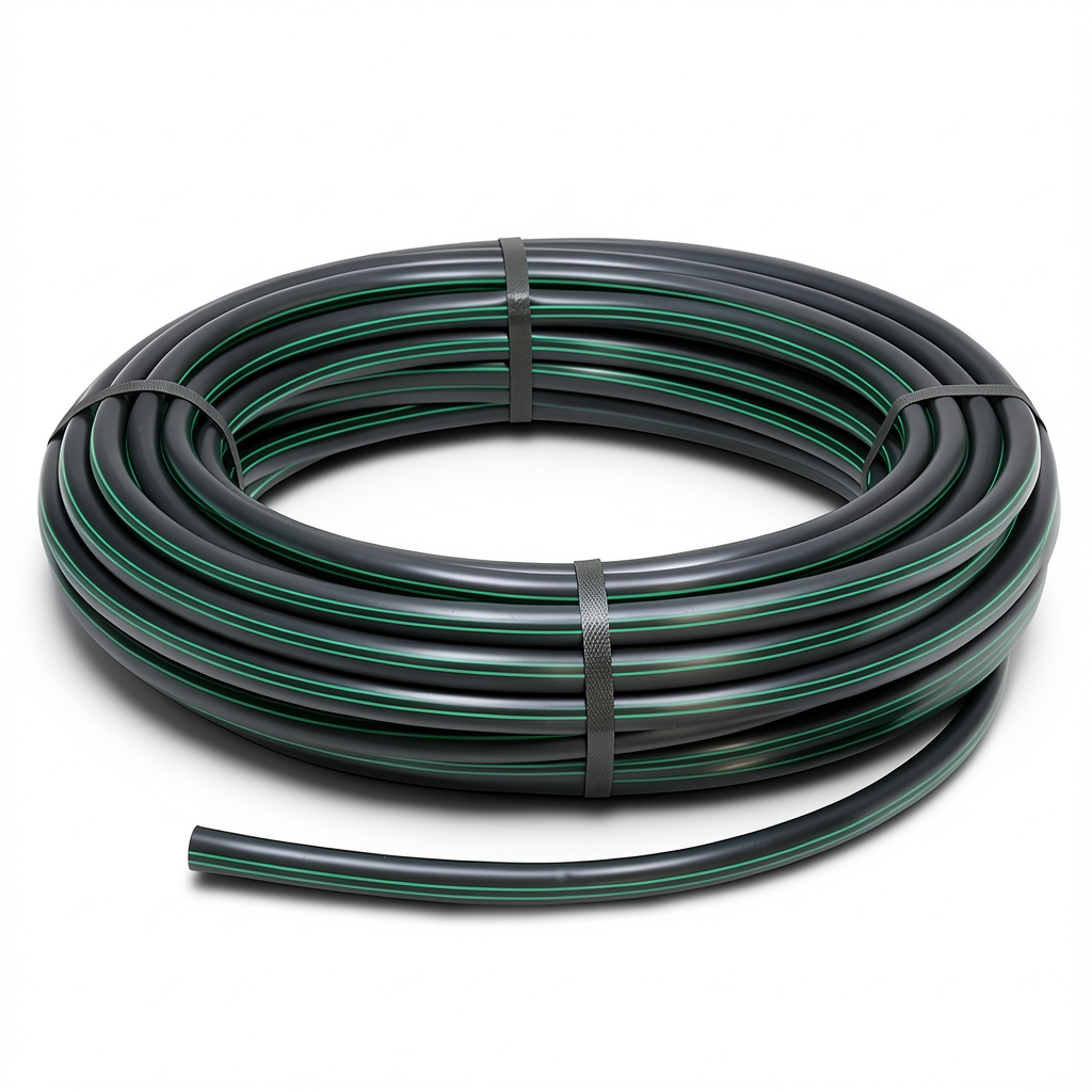 لفة أنابيب بلاستيك HDPE ضغط 15.9 بار PE 63 قطر خارجي 32 مم SDR 7.4 أسود مع خط أخضر