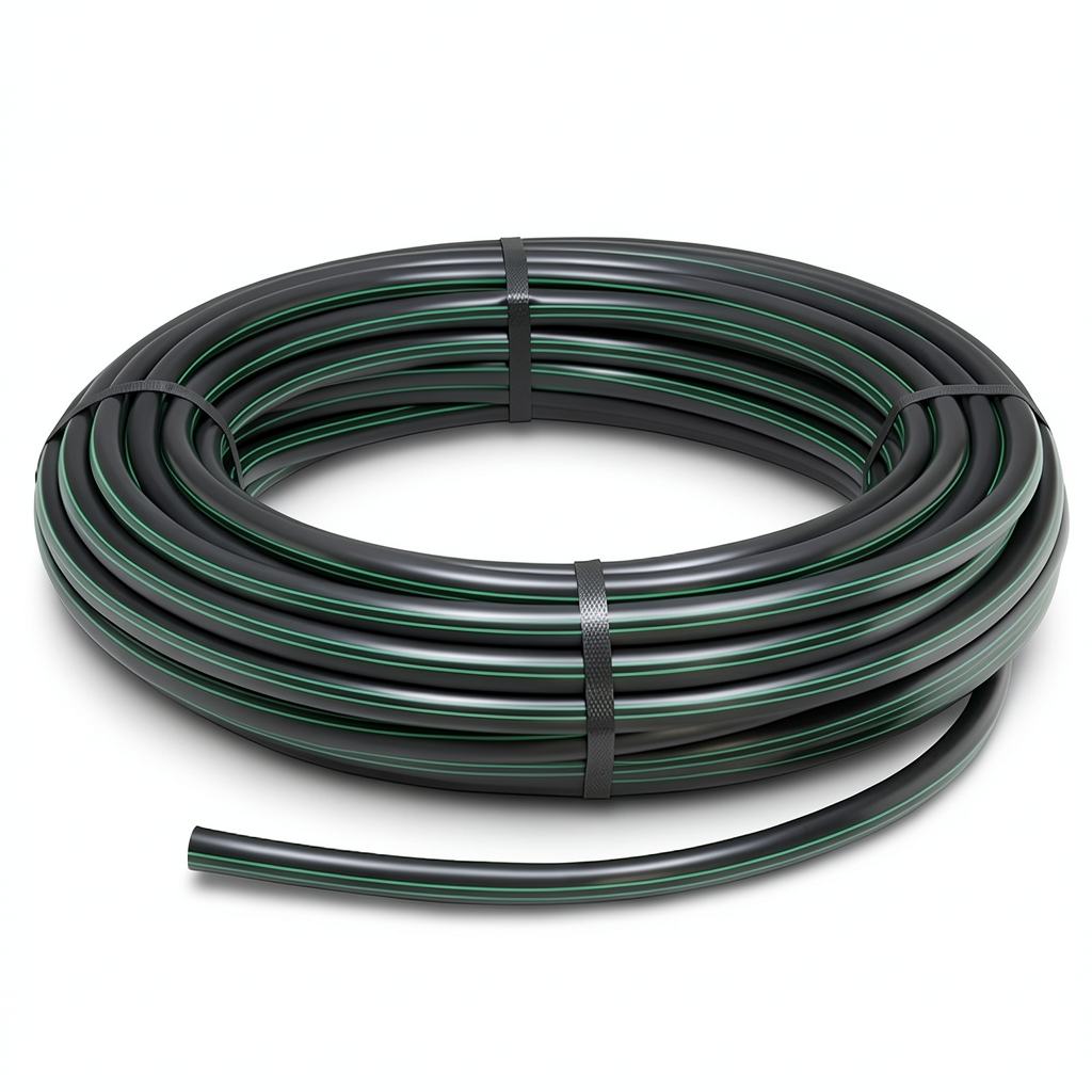 لفة أنابيب بلاستيك HDPE ضغط 15.9 بار PE 63 قطر خارجي 75 مم SDR 7.4 أسود مع خط أخضر
