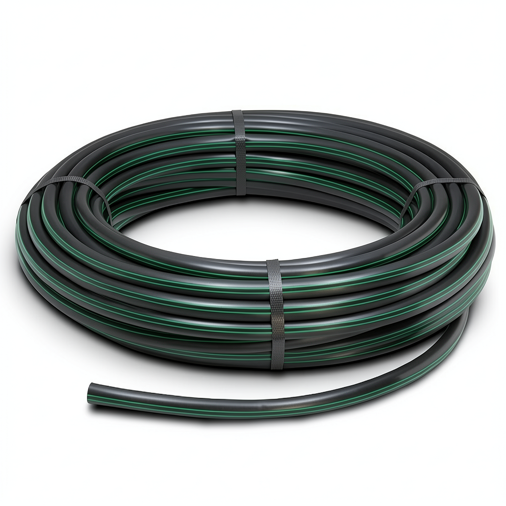لفة أنابيب بلاستيك HDPE ضغط 15.9 بار PE63 قطر خارجي 90 مم SDR 7.4 أسود مع خطوط خضراء
