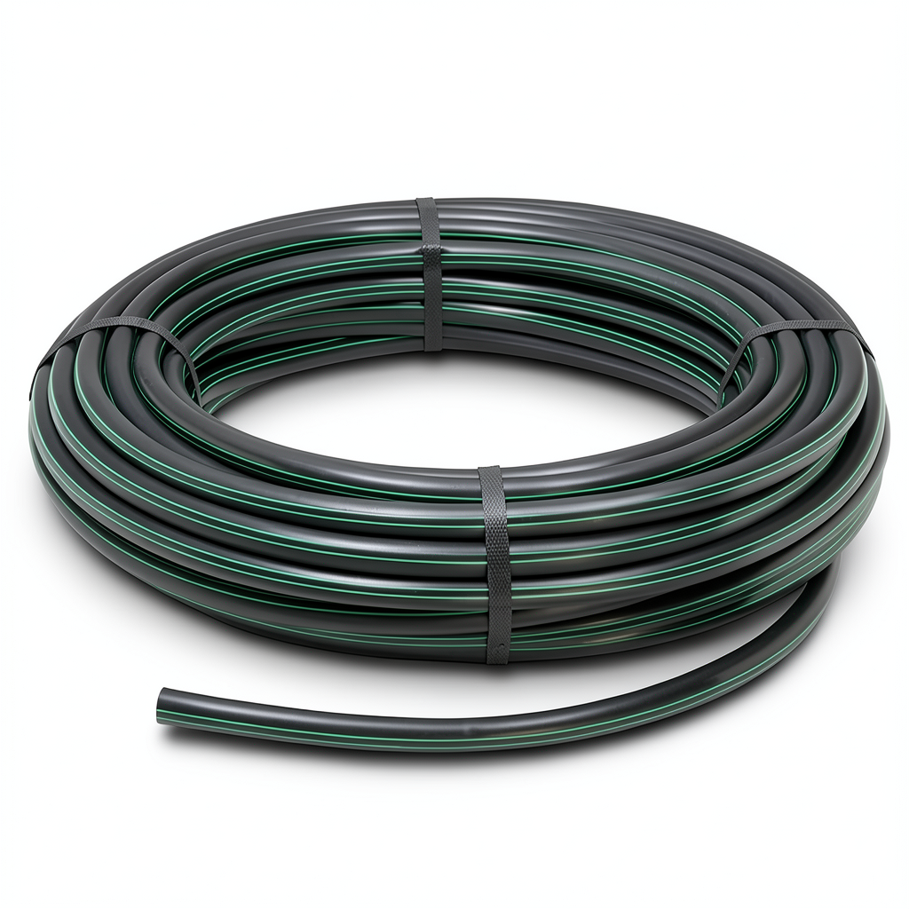 HDPE Plastic Coil Pipe PN 15.9 Bar PE 63 OD 110 mm SDR 7.4 Black with Green Stripes