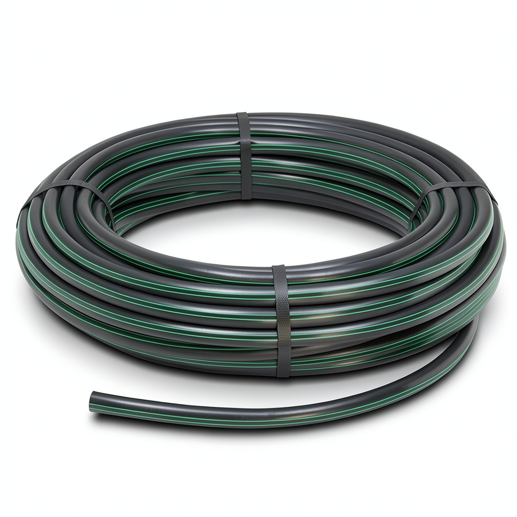 لفة أنابيب بلاستيك HDPE ضغط 15.9 بار [PE 63] قطر خارجي 160 مم SDR 7.4 لون أسود مع خط أخضر