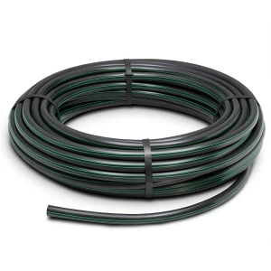 لفة أنابيب HDPE ضغط اسمي 3.9 بار PE63 قطر خارجي 50 مم SDR 21 أسود مع خطوط خضراء