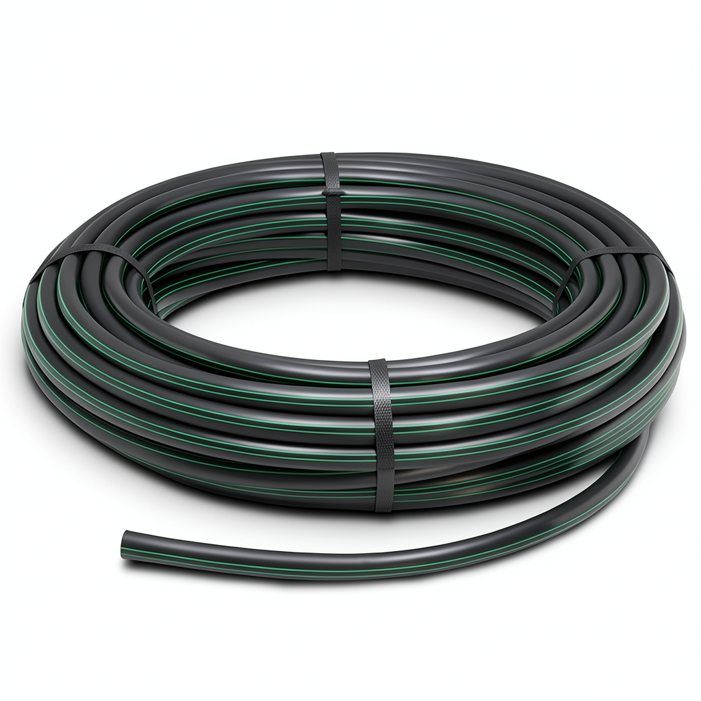 لفة أنابيب HDPE ضغط اسمي 3.9 بار PE63 قطر خارجي 50 مم SDR 21 أسود مع خطوط خضراء
