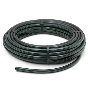 لفة أنابيب بلاستيك HDPE ضغط 3.9 بار PE 63، قطر خارجي 75 مم SDR 21 أسود مع خطوط خضراء