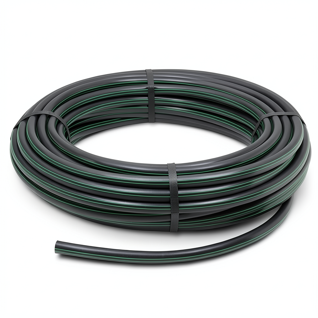 HDPE Plastic Coil Pipe Nominal Pressure 3.9 Bar PE 63, 75 mm SDR 21 Black with Green Stripes