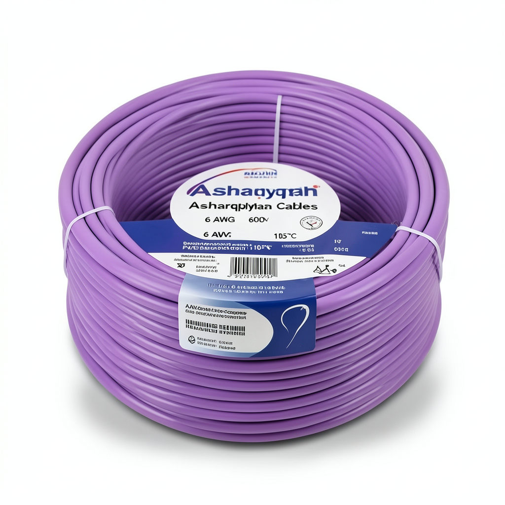 سلك كهرباء أمريكي 6 AWG نحاس مجدول عازل PVC 105°C بنفسجي 600 فولت 500 قدم | شركة كابلات الشرقية للصناعة