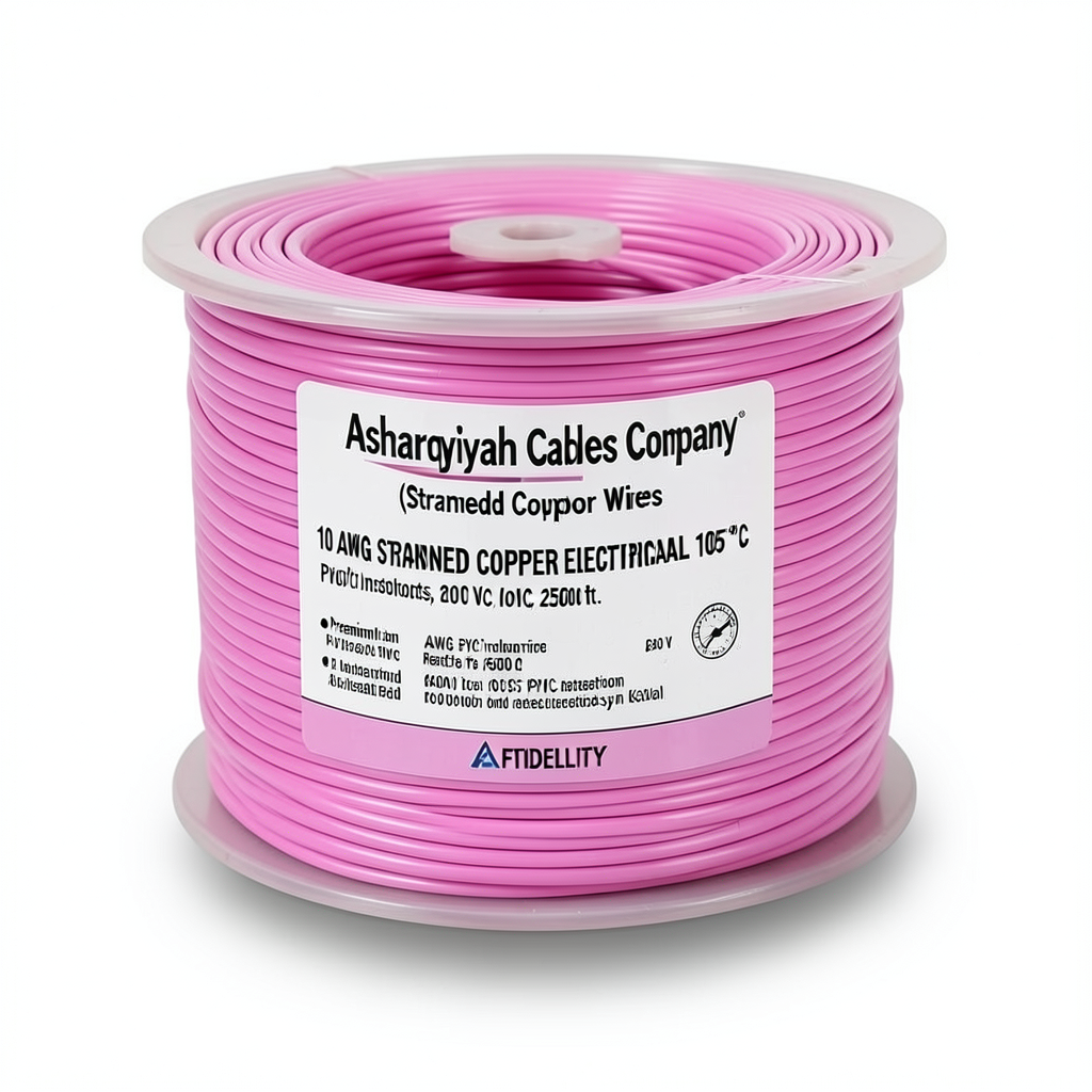 سلك كهرباء نحاس مجدول 10 AWG عزل PVC 105°C، زهري، 600 فولت، 2500 قدم | شركة كابلات الشرقية للصناعة