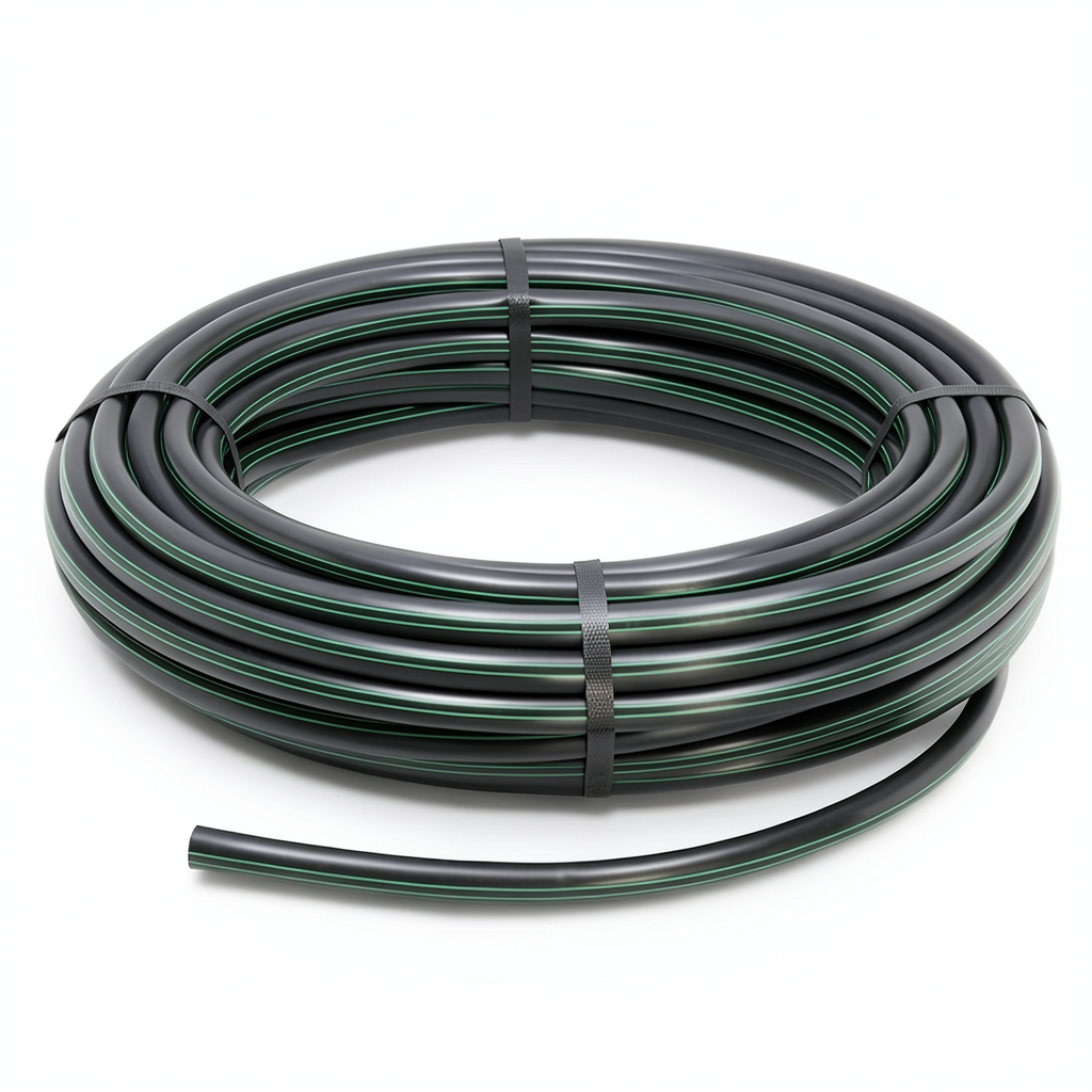 HDPE Plastic Coil Pipe PN 3.9 Bar PE 63 OD 140 mm SDR 21 Black with Green Stripes