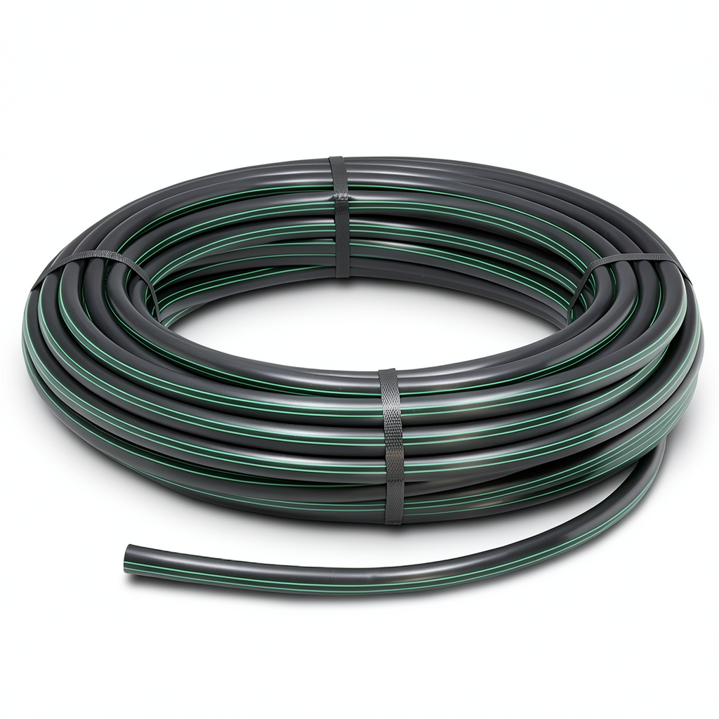 لفة أنابيب بلاستيك HDPE ضغط 3.9 بار PE 63 قطر خارجي 160 مم SDR 21 أسود مع خطوط خضراء