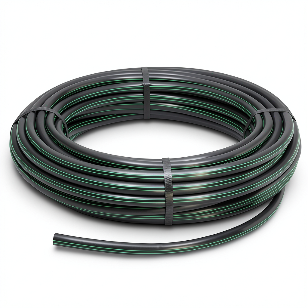 لفة أنابيب HDPE ضغط 6.2 بار PE 63 قطر خارجي 20 مم SDR 13.6 أسود مع خطوط خضراء