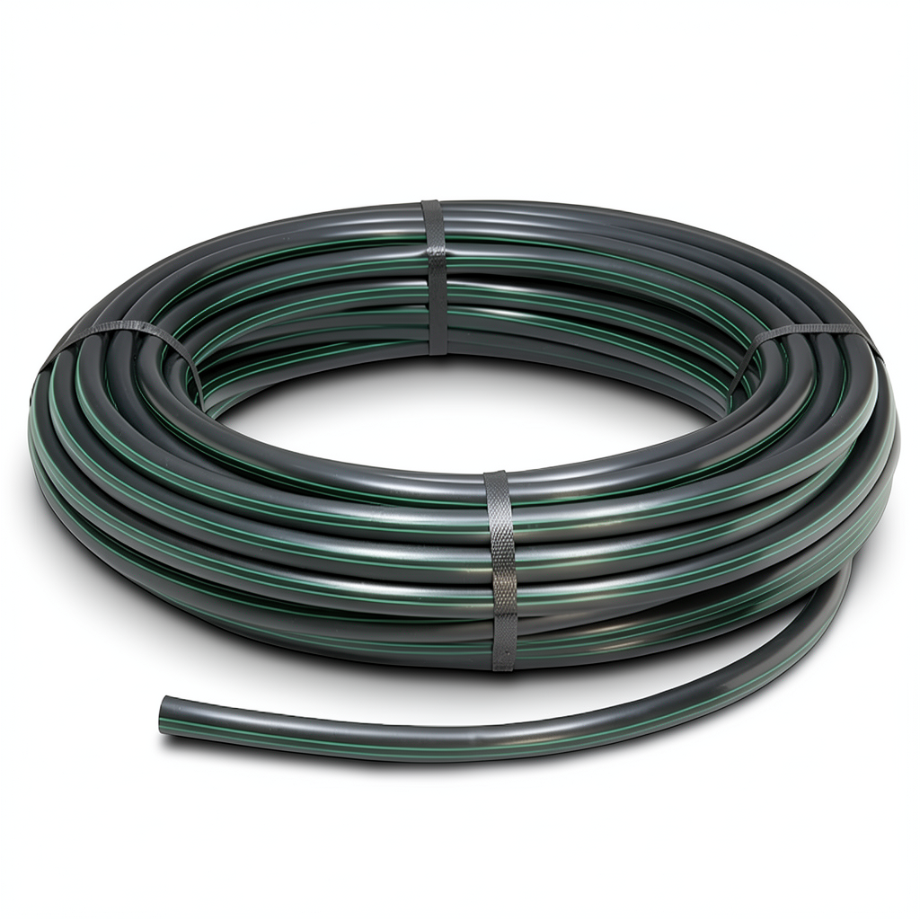 لفة أنابيب HDPE ضغط 6.2 بار PE63 قطر 32 مم SDR 13.6 أسود مع خطوط خضراء
