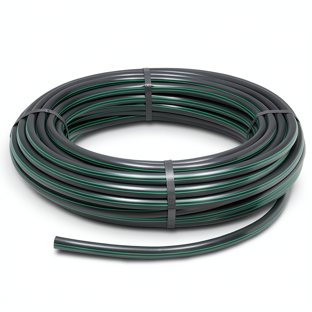 لفة أنابيب HDPE ضغط اسمي 3.9 بار PE63 قطر خارجي 50 مم SDR 21 أسود مع خطوط خضراء