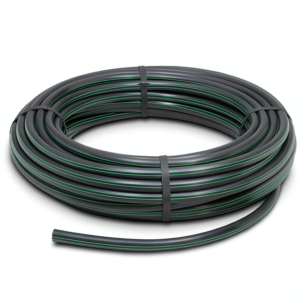 HDPE Plastic Coil Pipe Nominal Pressure 3.9 Bar PE 63, 75 mm SDR 21 Black with Green Stripes