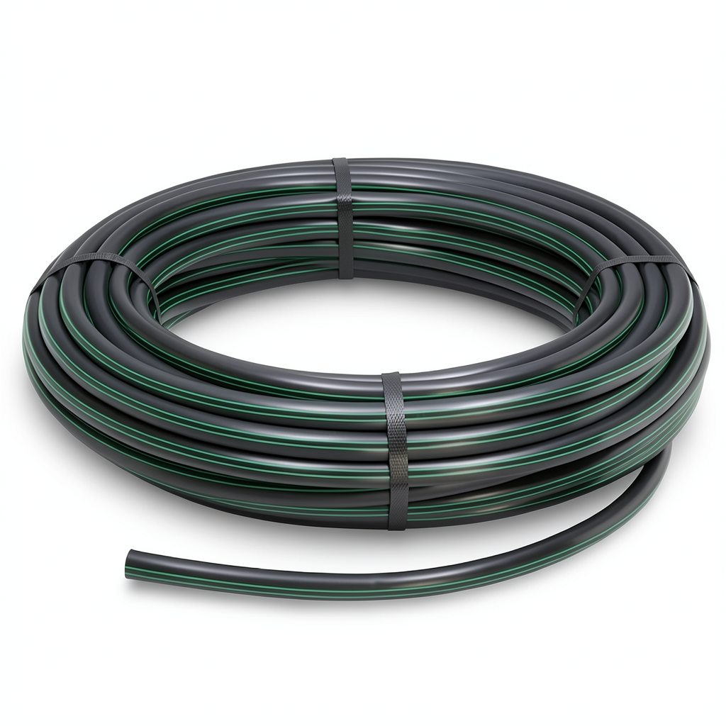 لفة أنابيب HDPE ضغط 6.2 بار PE 63 قطر خارجي 75 مم SDR 13.6 أسود مع خط أخضر
