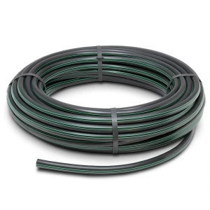 لفة أنابيب HDPE ضغط اسمي 3.9 بار PE63 قطر خارجي 90 مم SDR 21 لون أسود مع خطوط خضراء