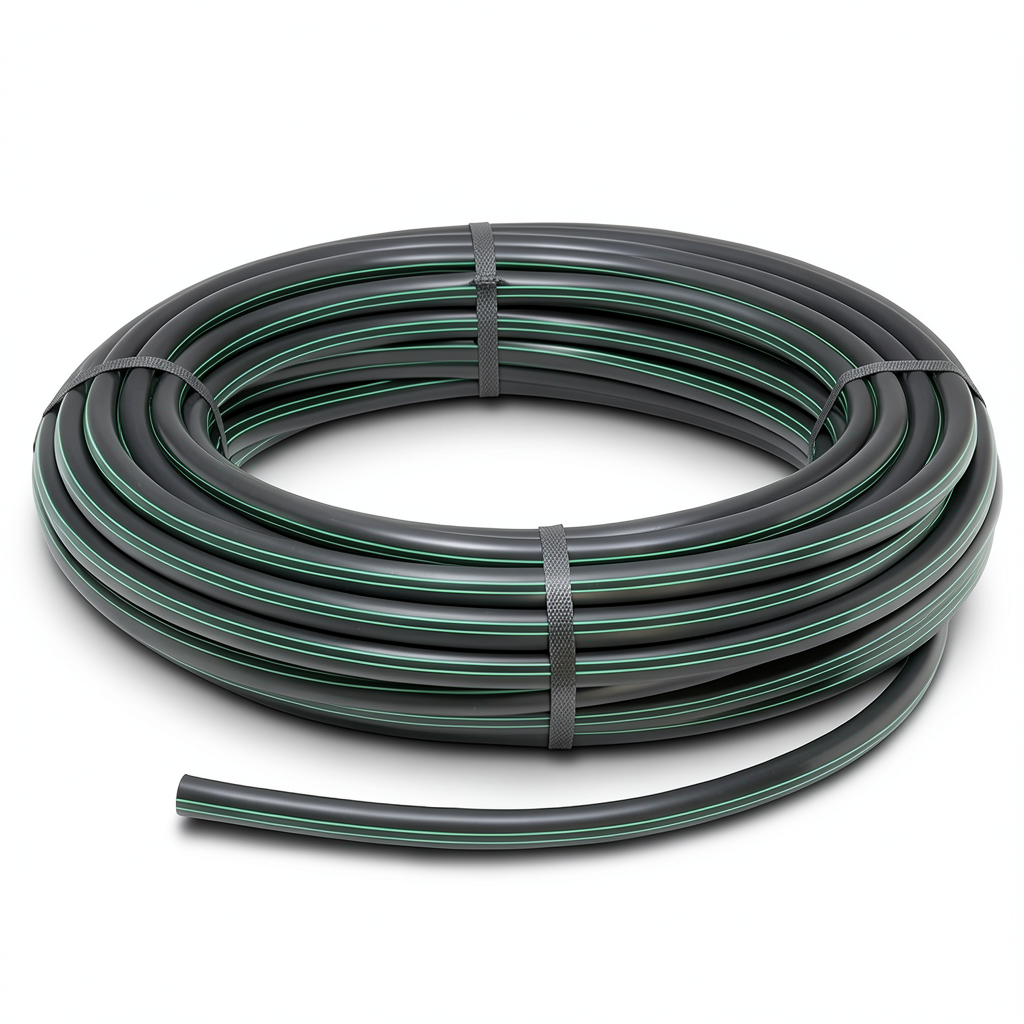 لفة أنابيب HDPE ضغط اسمي 3.9 بار PE63 قطر خارجي 90 مم SDR 21 لون أسود مع خطوط خضراء