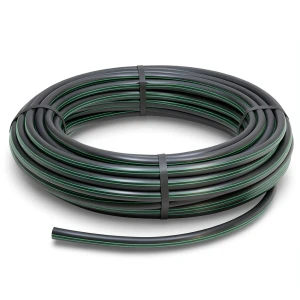 HDPE Plastic Coil Pipe Nominal Pressure 6.2 Bar PE 63, 90 mm SDR 13.6 Black with Green Stripes