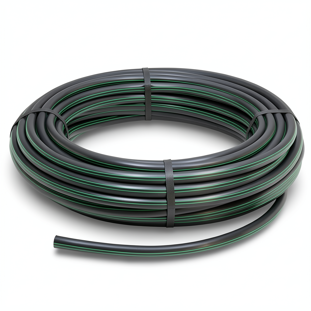 لفة أنابيب HDPE بلاستيكية ضغط اسمي 6.2 بار PE 63، قطر خارجي 90 مم SDR 13.6 أسود مع خطوط خضراء